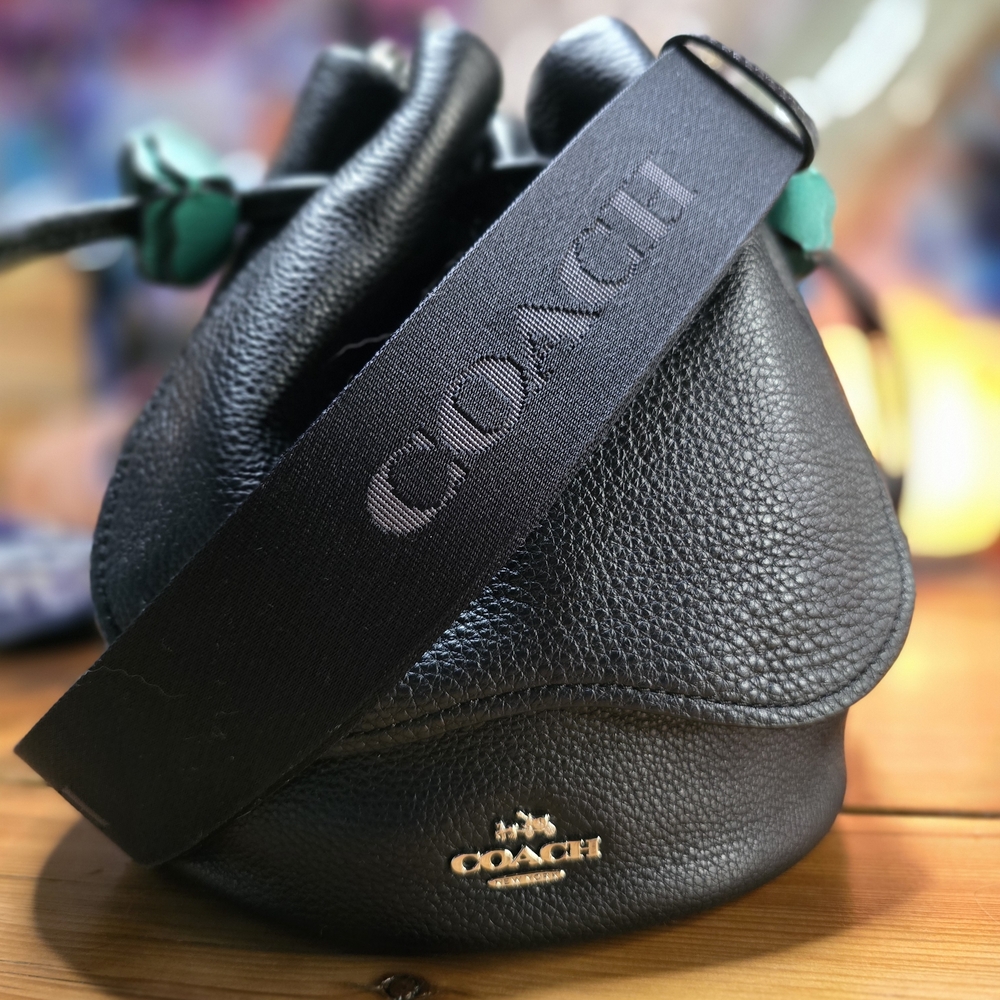 Coach Black Leather Petal Drawstring Bucket Bag